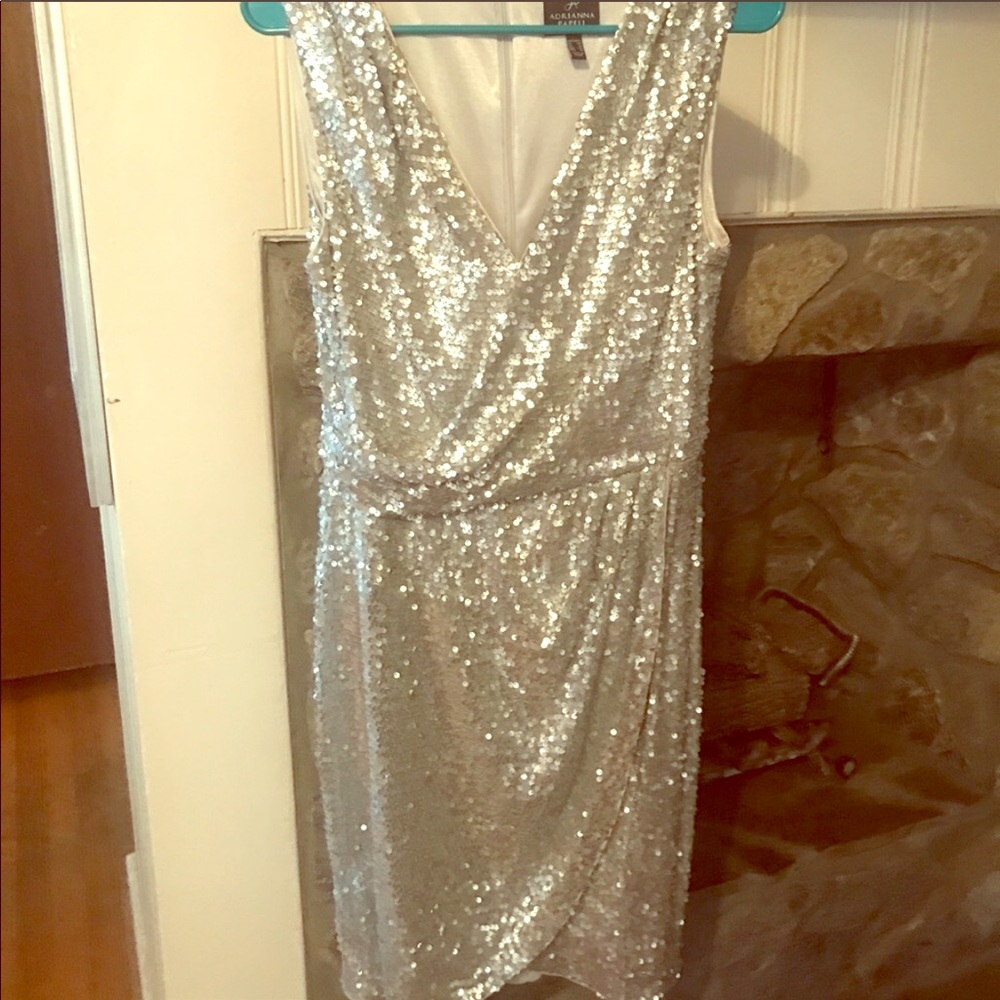 Silver sequined mini dress with v-neck